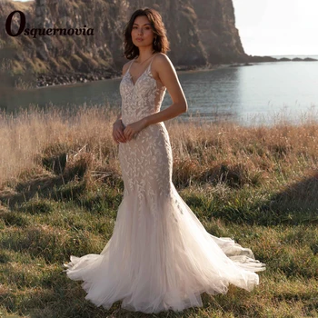Osquernovia אופנתי ים עלה אפליקציות שמלות חתונה עבור כלות V-צוואר מחשוף גב רכבת משפט Vestido De Noiva אישי