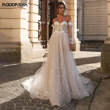 RODDRSYA נסיכת שמלות חתונה עבור נשים מתוק להסרה מלאה שרוולים שמלות כלה קו רכבת לטאטא vestido de noiva