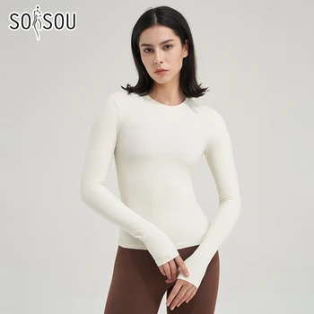 SOISOU ניילון כושר העליון יוגה החולצה כושר ספורט נשים בגדים אלסטי לנשימה פילאטיס חולצות שרוול ארוכות, 5 צבעים גודל 4