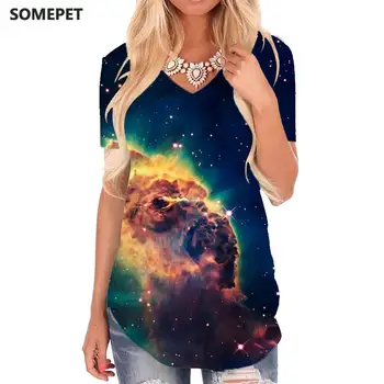 SOMEPET Galaxy חולצת נשים ערפילית Tshirts מודפס צבעוני חולצות Sky 3d V-צוואר חולצת טי נשים בגדי אופנה בסגנון חופשי
