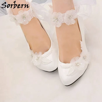 Sorbern פרח רצועת קרסול נעלי חתונה עקבים גבוהים קריסטלים אלגנטית כלה נעליים 4.5 חתלתול נשים עקבים נמוך עקבים לבנים