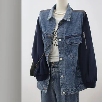SuperAen ניגוד ספון 'קט ג' ינס של נשים סתיו סגנון חדש מגניב רופף ג 'ינס ג' קט נשים