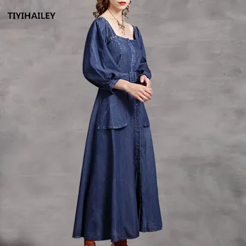 TIYIHAILEY משלוח חינם אופנה S-XL שמלות לנשים מקסי ארוכות יחיד בעלות הצווארון המרובע שלוש רבע שרוול שמלה חגורה
