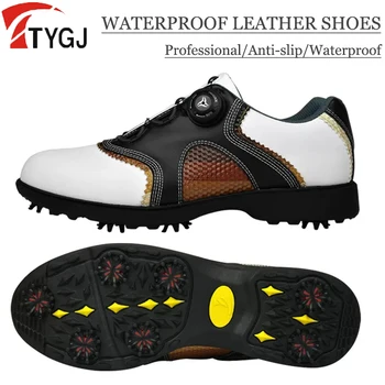 TTYGJ גברים נעלי גולף מקצועי עור גולף נעלי ספורט עמיד למים נעלי ספורט נגד החלקה, נעליים לנשימה מאמן אבזם הידית