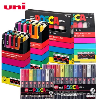 Uni פוסקה צבע עטי סמן להגדיר PC-1M PC-3M PC-5M 7/8/15 פופ פוסטר צבע דיו פיגמנט על בסיס מים מקורי עם ויניל עט מקרה
