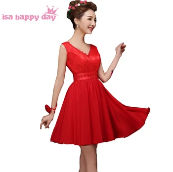 v אורך צוואר נשים שיפון אישה קצרות שמלות אלגנטיות אדום גודל רשמי שמלות ערב 2020 שמלת צד שמלה עבור בני נוער H4235