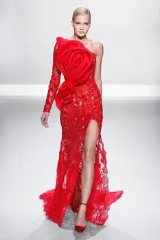 vestido de לפסטה לונגו החלוק דה נשף אדומה תחרה שמלות ערב 2019 כתף אחת הרשמית נשים אלגנטי שרוול ארוך שמלת ערב