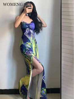 WOMENGAGA נופש בסגנון אמריקאי אופנה הדפסה סקסי גבוהה המותניים חריף ילדה פיצול קלע שמלה אלגנטית נשים קיץ 8AQL