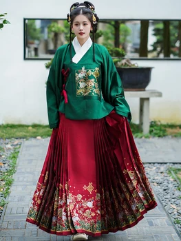 Zhijin איפור פרח פני סוס חצאית טרפז קפלים שישה מטרים אביב, סתיו סגנון מקורי מינג Hanfu נקבה