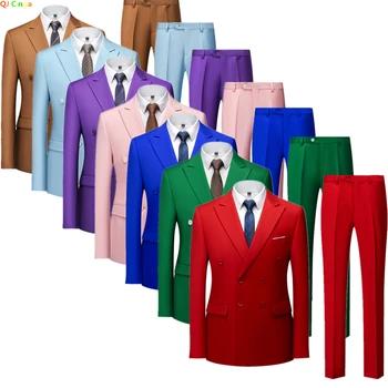 אדום בוהק דו-שולי חליפת שני חלקים של גברים אופנה סלים שמלת ז ' קט עם מכנסיים החתונה, אנשי עסקים סטים