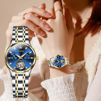 אופנה Olevs העליון מותג באיכות Hight נשים יוקרה שעונים אוטומטיים מכאני עמיד למים שעוני יד שלד הירח שלב