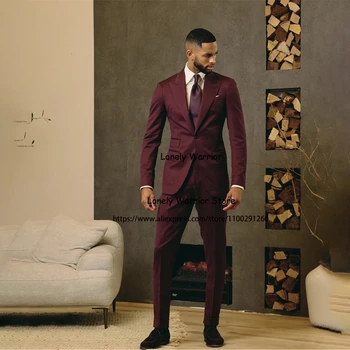 אופנה בורדו מתאים עבור Mens עסק קט טוקסידו לנשף Slim Fit החתונה החתן 2 חתיכה להגדיר את הז ' קט מכנסיים Terno Masculinos