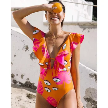 אופנה הדפסה לפרוע V-צוואר סקסי בגד ים חלול תחרה למעלה ללא משענת סלים ביקיני 2022 חדש חתיכה אחת Beachwear שכיבות סמיכה הקיץ