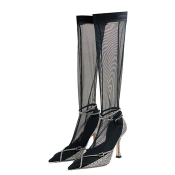 אופנה הקיץ אלסטי ריינסטון רשת מגפיים אבזם רצועה סקסית לחצות את הגבול של נשים עקב גבוה סנדלים מחודד בוהן המגפיים המגניבים.