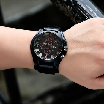 אופנה חדשה Mens שעוני יוקרה עור ספורט השעון של הגברים קוורץ תאריך שעון תלמיד שעון הכרונוגרף שעון לאדם.