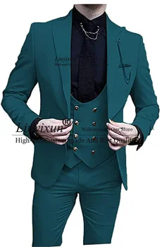 אופנה ירוקה חליפות גברים מחורצים דש חתן חתונה חליפות סלים מתאים לעסקים זכר בלייזרס 3 חתיכות סטים השושבינים תחפושת Homme