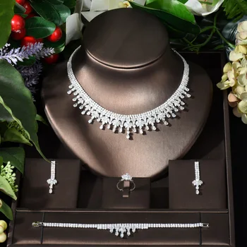 אופנה מסביב טיפה חתונה כלה CZ Necklcae עגילים, צמיד וטבעת סטי תכשיטי יוקרה בדובאי תכשיטים ואביזרים N-499