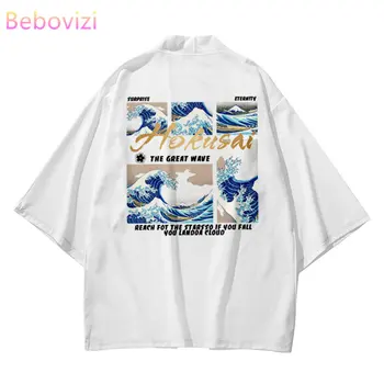 אופנה קאנאגאווה גלים הדפס יפני לבן קימונו חוף נשים קרדיגן יוקטה מסורתית גברים Cosplay Haori אסיה בגדים