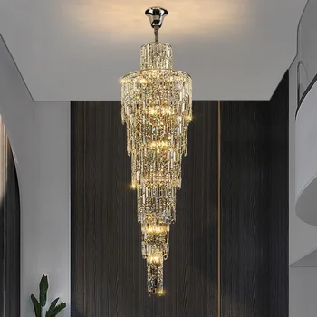 איכות גבוהה קריסטל נברשות יוקרה האור מדרגות התקרה איטלקי עגול זהב פלדה אל חלד עם תליון מנורה בסגנון מודרני