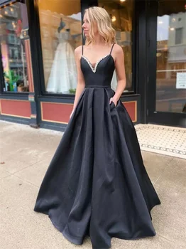 אלגנטי קו שחור חרוזים שמלות ערב ספגטי צוואר V לפתוח בחזרה אורך רצפת רשמית מפלגה שמלות vestidos דה נוצ ' ה.