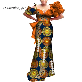 אפריקה שמלות לנשים מסיבת חתונה אפריקאית הדפסה צבעונית שמלה ארוכה V-צוואר Bodycone ריש אפריקה נשים שמלות WY9196