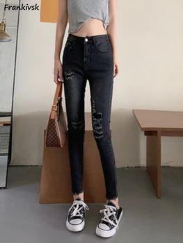 באורך קרסול ג ' ינס נשים חור עיפרון אופנה חדשה קיץ Harajuku לובשים רחוב עם קו מותן גבוה נוח אלגנטי מוצק כל-התאמה