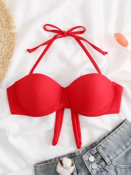 ביקיני עליון נשים בגד ים 2023 החדשה תגביר אדום מוצק ביקיני ביקיני בגדי ים חוף ברזילאית בגדי ים נקבה הקיץ
