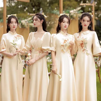 בסגנון סיני Cheongsam שמלת שושבינה 2023 חדש האביב עם שרוולים ארוכים שמפניה ערב רשמי צ ' יפאו מסורתי שמלות ערב