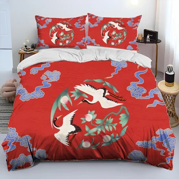בסגנון סיני אדום הוכתר קריין ציפורים מנחם סט מצעים,שמיכה כיסוי מיטה שמיכה לכסות על הכרית,המלכה סט מצעים למבוגרים