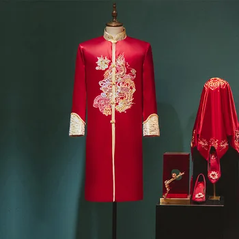 בסגנון סיני נישואין להגדיר חתן תלבושות חתונה בגדים חרוזים פאייטים Cheongsam טוסט בגדים китайская одежда