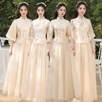 בציר שושבינה Wedidng מסיבת שמלה בסגנון סיני Cheongsam סטים Vestidso נשים אלגנטי מנדרין צווארון רקום צ ' יפאו