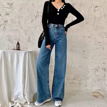 גבוהה המותניים מוצק צבע רחב ג 'ינס רגל אביב סתיו חדש בסגנון רטרו נשים רחוב בסגנון קלאסי סלים ישר מכנסי ג' ינס ליידי