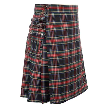 גברים אופנה בסגנון סקוטי משובץ ניגודיות צבע כיס קפלים החצאית Mens סקוטי מסורתי היילנד טארטן קפלים החצאית