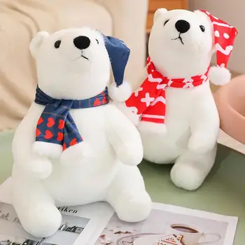 דוב קוטב צעצוע קטיפה לבן לחבק אותך ממולא דוב בובה עם צעיף עמיד חיות, בובות מתנפחות עבור חדר השינה, הסלון, קניונים