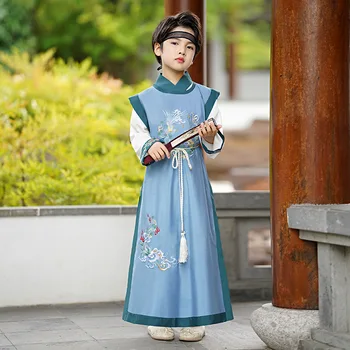 האביב ילדים בנים ציפור כחולה רקמה Hanfu סינית בסגנון רטרו להתלבש טאנג חליפה ילדים מזרחי בגדים