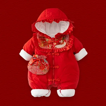 החורף התינוק השנה הסינית החדשה של טאנג חליפת בגדים האביב פסטיבל בנות מרופד מרופד רומפר אדום היילוד מעטה סרבל טיול
