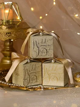 החתונה ממתק קופסה מעולה אבקת נצנצים מעטפת קופסת מתנה פרל סרט קשת קרטון אריזה קופסה באיכות גבוהה החתונה טובות