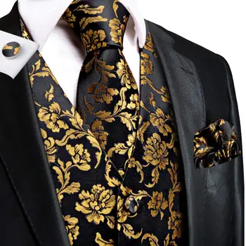 היי-עניבה זהב שחור פרחוני חידוש משי גברים סלים הז ' קט עניבה להגדיר עבור חליפת שמלת החתונה 4PCS האפוד עניבה הנקי. סט חפתים