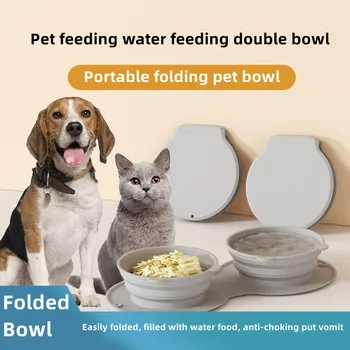 הכלב האכלה קערה נייד חיצוני סיליקון כפול קערות מים מתקפל החתול קערת מחמד נסיעות אנטי-חנק הקאות לאט קערת אוכל