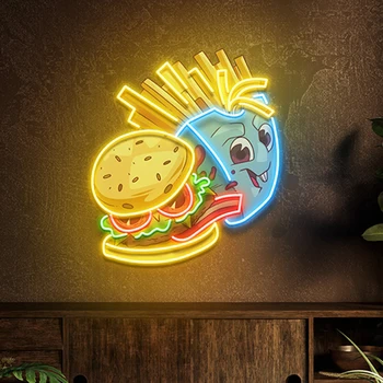 המבורגר צ ' יפס אמנות ניאון בעבודת יד מותאמת אישית Led אור ניאון על פתח הדלת סימנים עיצוב אורות מסעדת מזון מהיר קישוט