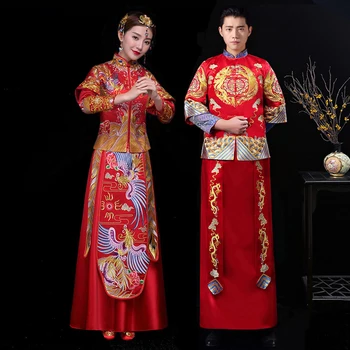 הסיני החתונה הכלה Cheongsam סגנון מסורתי להתחתן עם שמלת ערב רקמה זמן צ ' יפאו נשים ו Mensipao