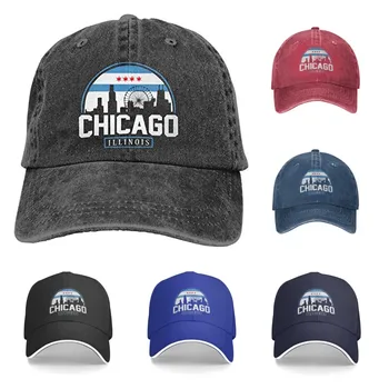 העיר של שיקגו דגל כובע בייסבול בציר כותנה, ג ' ינס מכובסים במצוקה מתכוונן אבא כובע שחור ארבע עונות מזדמן קאפ