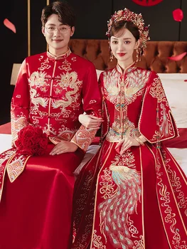 העתיקה טוסט ביגוד בסגנון סיני משובח כמה טווס רקמה שמלת החתונה