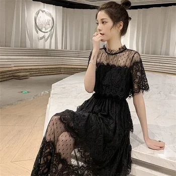 הקיץ 2023 חדש שמלת תחרה צרפתית מזג שמלה שחורה קטנה מראה רזה שחורה עם שרוולים קצרים לצאת למסיבות