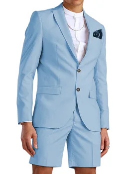 הקיץ מזדמנים אור כחול של גברים חליפה קצרה בחליפות מכנסיים 2 חתיכה טוקסידו חתן חוף חתונה שמלת תחפושת Homme, Mariage(קט+מכנסיים)