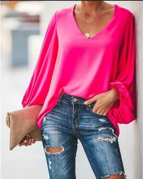 הקיץ של נשים פנאי צבע מוצק V-צוואר Vantern שרוול רחבים חולצה מקסימום 2022 אופנה בנות פנס שרוול החולצה העליון.