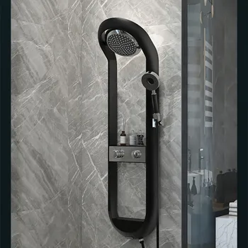 חדר מקלחת Thermostatic קיר רכוב שירותים מערבל מקלחת אמבטיה ברז מקלחת סט שחור עם מדף מדף אחסון מקלחת