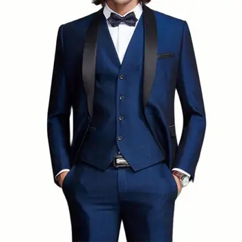 חיל הים כחול חליפות גברים לחתונה איש עם חליפה בלייזרס סריג שחור דש Slim Fit החתן חליפות 3Piece האחרון המעיל שאיפה עיצובים Costum