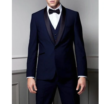 חליפות גברים בלייזר Terno אלגנטי Slim Fit כחול-יחידה שולי הצעיף דש הז ' קט מכנסיים וסט שלוש היצירה תחפושת החתונה 2023