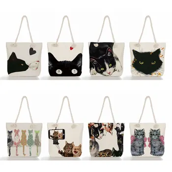 חמוד בצבעי שחור חתול פשתן אקולוגי רב פעמי לקניות, קונה שקיות הספר תיק ציור מודפס נשים מעצב שקיות
